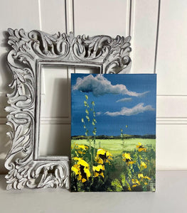 Original Artwork of Tiny Sunflowers, Sunflower Gift for Her, Miniature Blue Painting with Yellow Flowers, Unique Gift