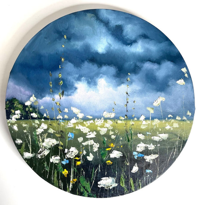 Cloud Artwork, Wildflower Painting, Circular Wall Art, Original Oil Painting, Flower Prairie, Floral Wall Art