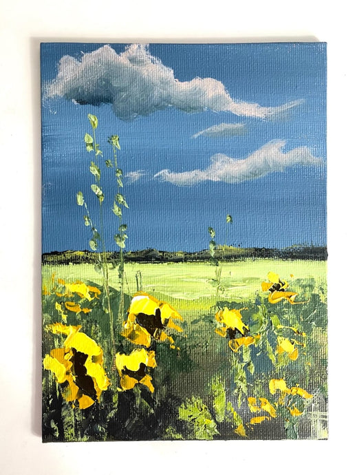 Original Artwork of Tiny Sunflowers, Sunflower Gift for Her, Miniature Blue Painting with Yellow Flowers, Unique Gift