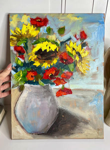 Sunflower Poppy Painting, Bouquet of Sunflowers, Original Floral Wall Art, Sunflower Gift, Christmas Gift for Mother, Floral Gift for Him