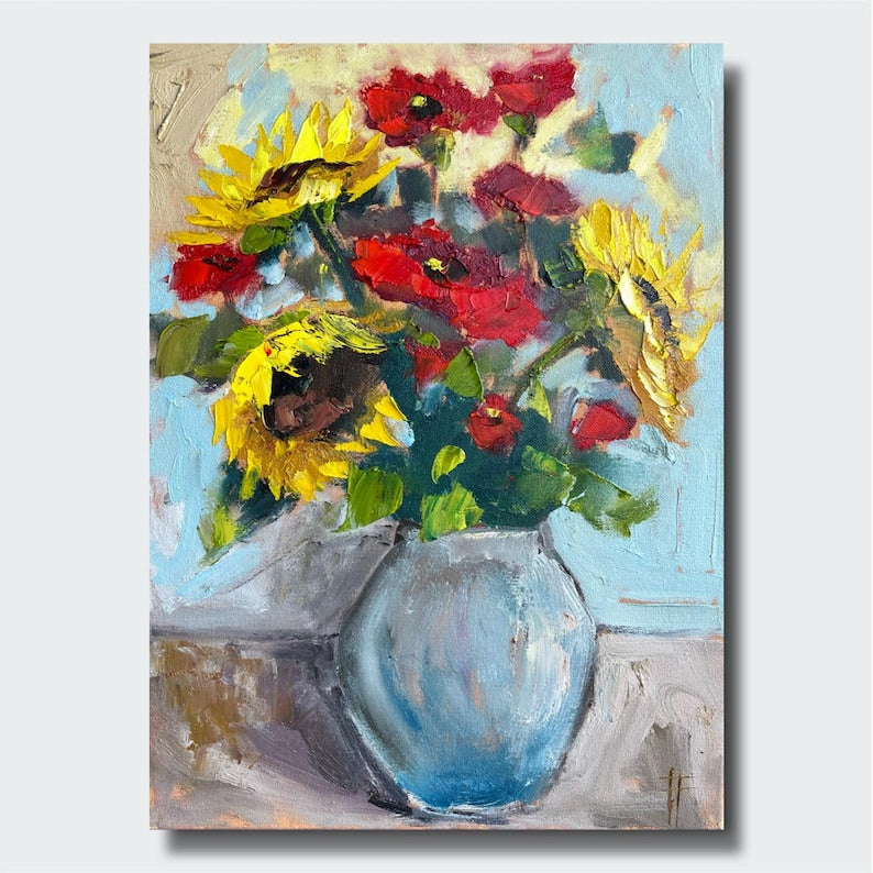 Sunflower Painting, Bouquet of Sunflowers, Original Wall Art, Floral Artwork, Sunflower Gift, Christmas Gift for Mom, Floral Gift for Her