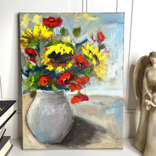 Load image into Gallery viewer, Sunflower Poppy Painting, Bouquet of Sunflowers, Original Floral Wall Art, Sunflower Gift, Christmas Gift for Mother, Floral Gift for Him