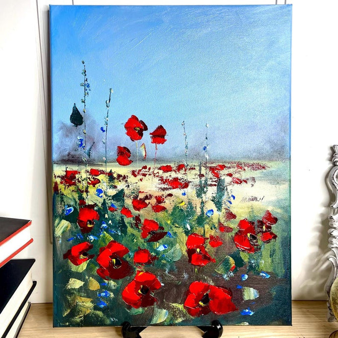 Poppy Painting, Christmas Gift, Original Oil Artwork, Poppy Landscape, Floral Wall Art, Flowers, Unique Gift for Her, Him